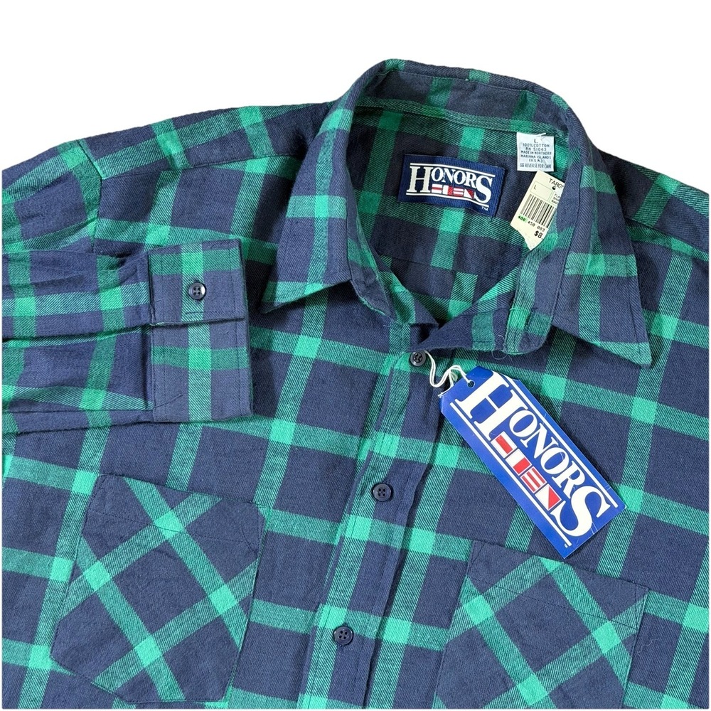 Vintage 90's Honors Mens Green Blue Plaid‎ Flannel Button-Up Shirt Long Sleeve L